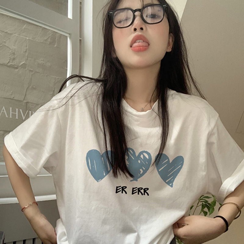 Print T-shirt Kaos Lengan Pendek Blue Herat Atasan Wanita Korean Style