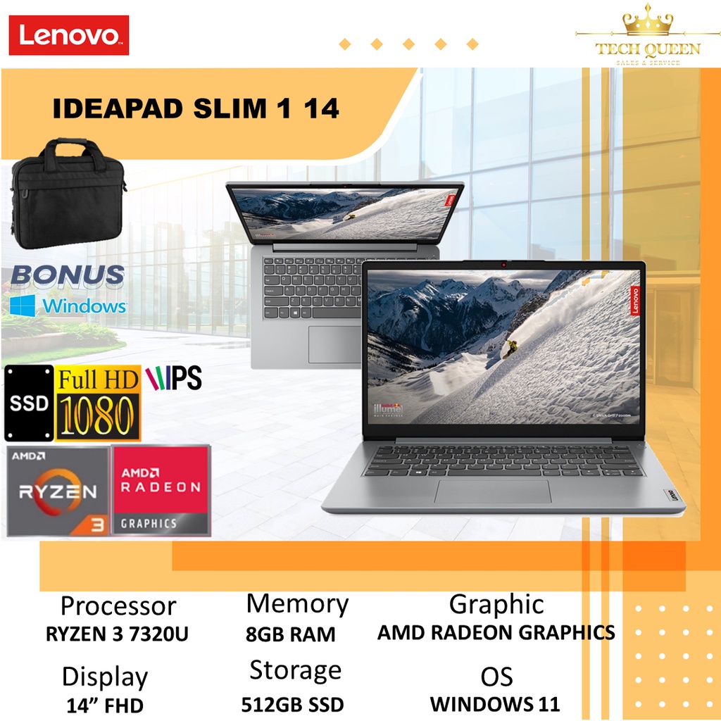 LENOVO IDEAPAD SLIM 1 14 - RYZEN 3 7320U 8GB 512SSD RADEON 610M WINDOWS 11+OHS 14.0 INCHIFHD 2YR PREM GRY