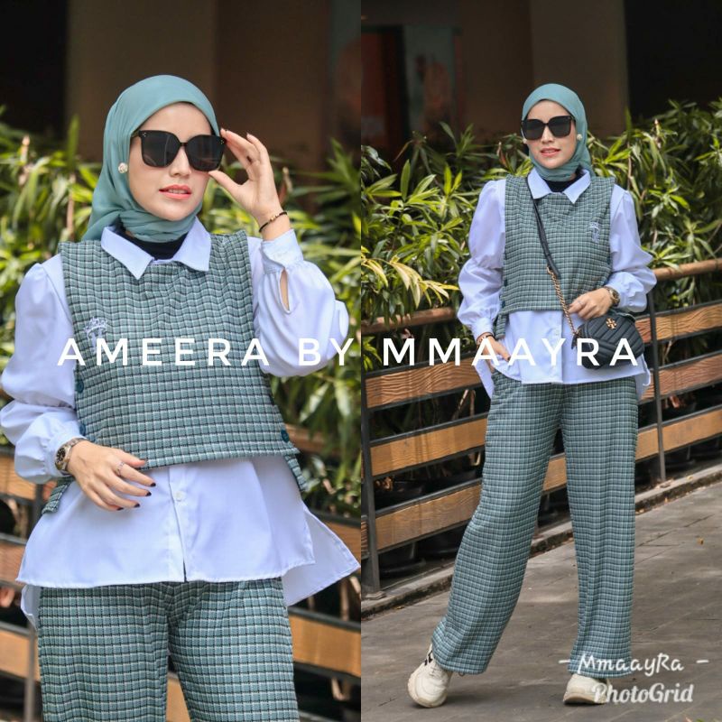 ameera by mmaayra setelan 3in1 set kulot outer kemeja terpisah ootd hijab setelan lebaran baju jalan