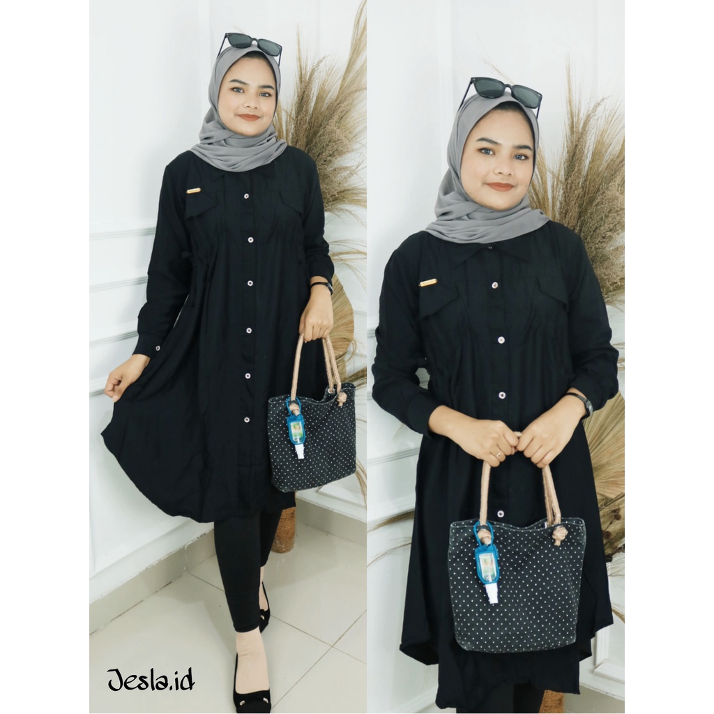 ELJI TUNIK  BAHAN POLO LINEN MOTIF POLOS KANCING DEPAN ( BUSUI FRIENDLY ) UKURAN M L XL XXL LD 112 CM TUNIK TERBARU 2023 KEKINIAN 2023 BAJU ATASAN BUSUI LENGAN PANJANG TUNIK KOREAN STYLE FASHION MUSLIM