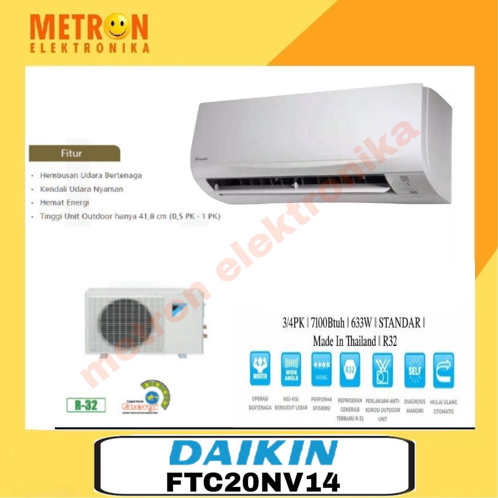 DAIKIN FTC 20 NV 14 - INDOOR + R - AC SPLIT 0.75 PK FREON R32