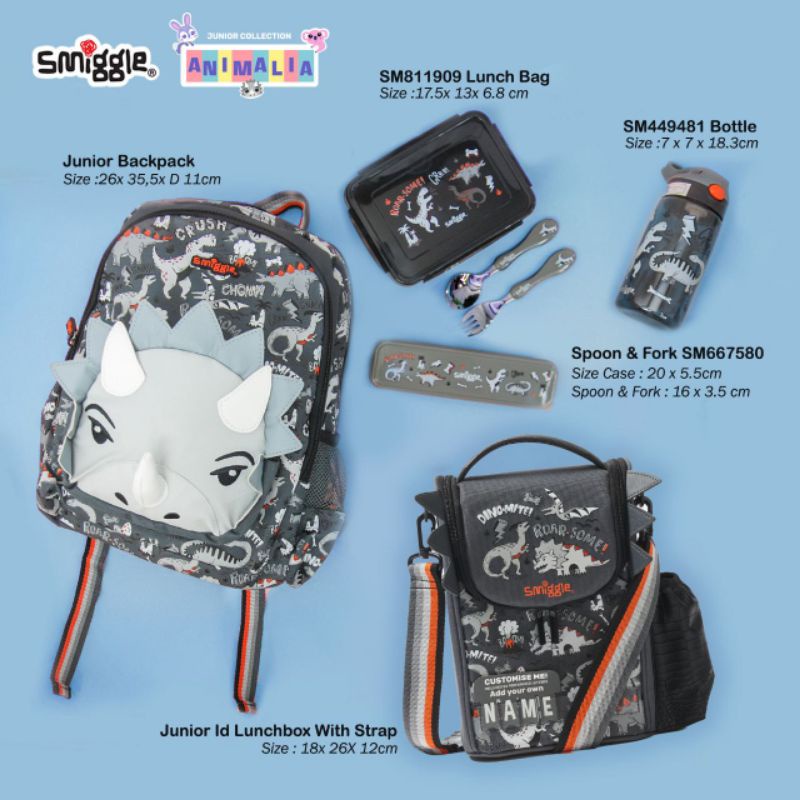 Smiggle Animalia junior character backpacks and lunchbag