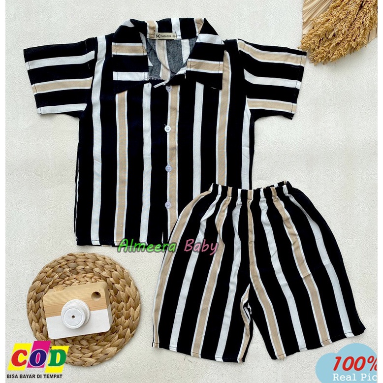 One Set Setelan Anak Rayon Lengan Pendek Motif Salur Usia 3-12 Bulan Almeera Baby and Kids