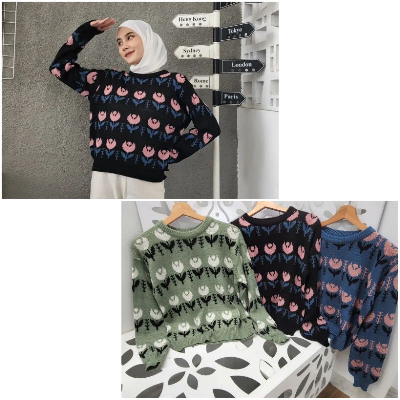 sakura sweater wanita/sweater rajut cewe motif bunga cantik