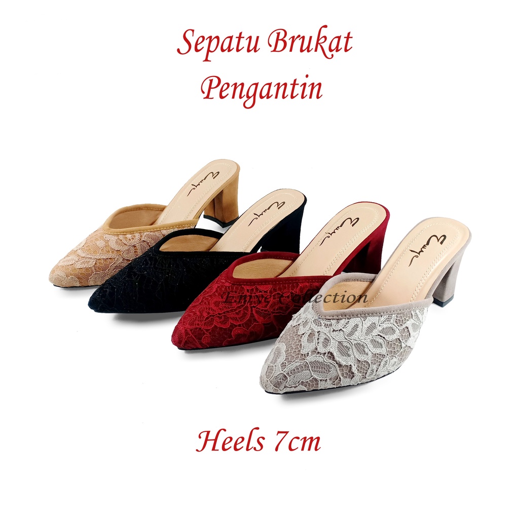 Emye EM01- Heels Sandal heels brukat wanita hak 7 cm warna hitam putih marun navy abu cream Sandal H