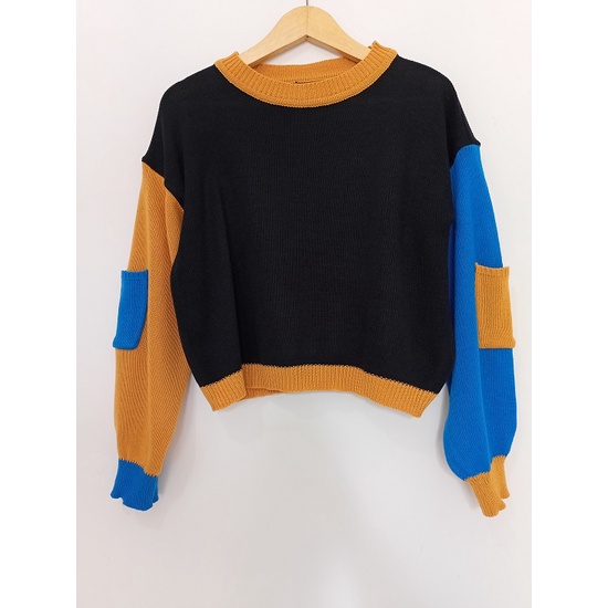 Zee Sweater Rajut Crop Top Knit Pocket Wanita Kombinasi Warna Korean Style COD Free Ongkir