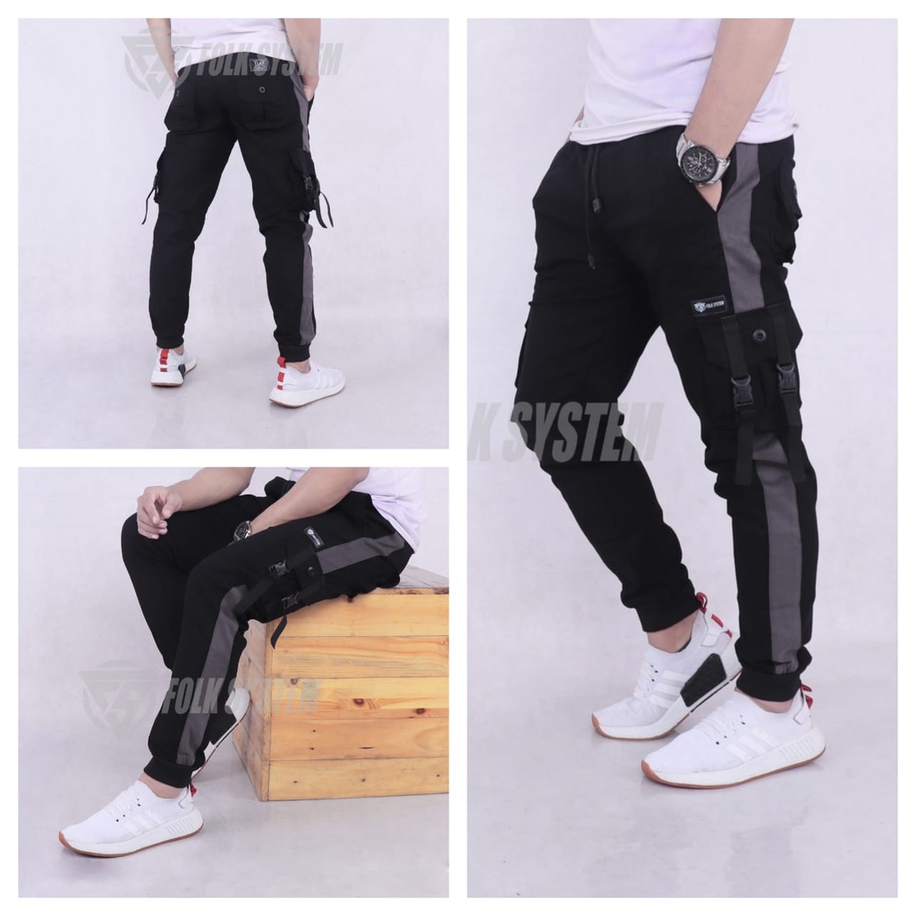 Celana Panjang Chino Jogger Cargo Pria strip original Folksystem