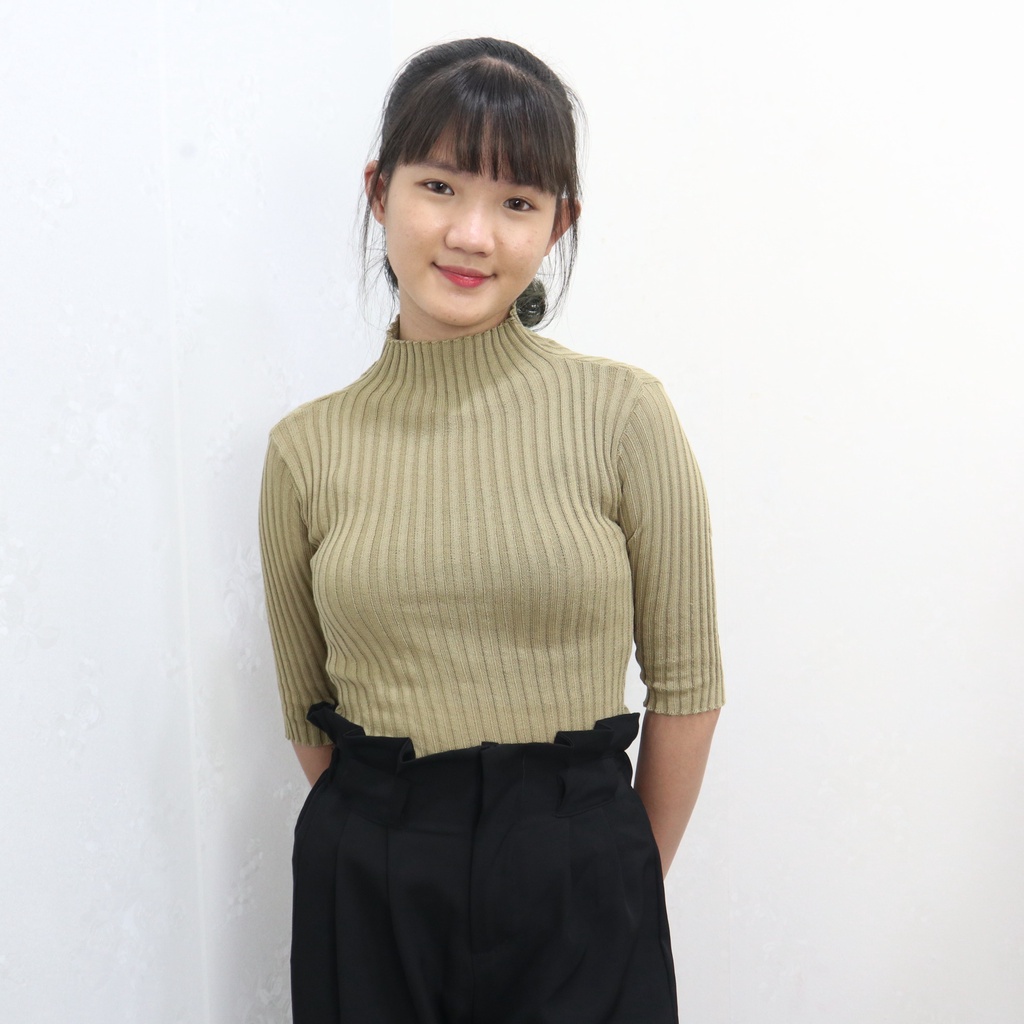 TurtleNeck Rajut Lengan 3/4 Atasan Baju Rajut Wanita Jalur Besar