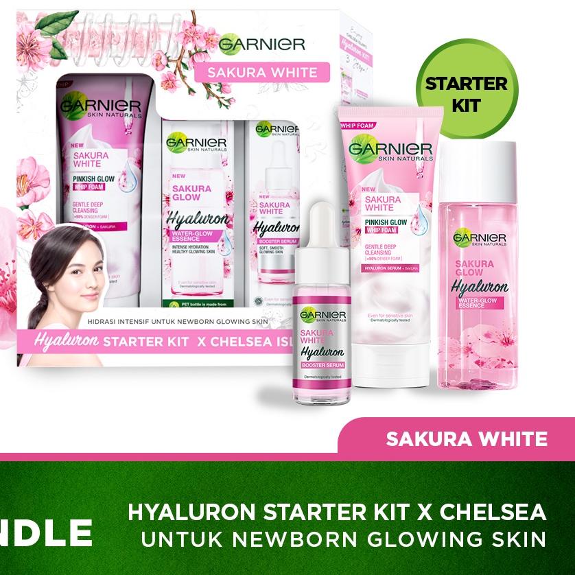 ❁ Garnier Sakura Glow Hyaluron Skincare Starter Kit X Chelsea - Booster Serum 15ml+ Whip Foam+ Essen