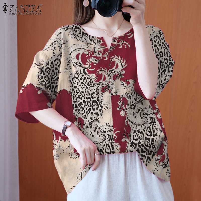 ZANZEA Women Round Neck Half Sleeve Leopard Print Blouse