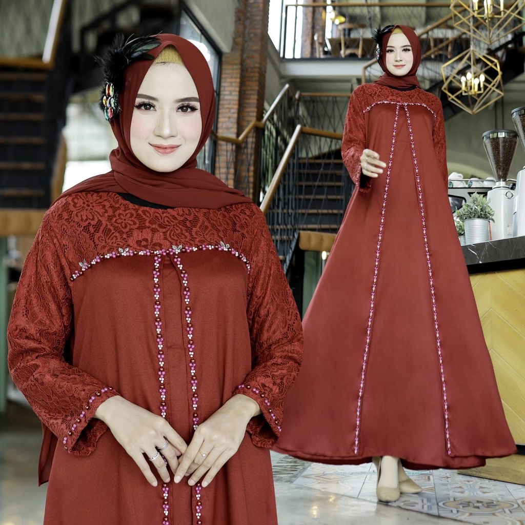 Gamis Maxi Wanita Bahan Moscrepe Kombi Brukat Gliter Mutiara HOPYLOVY