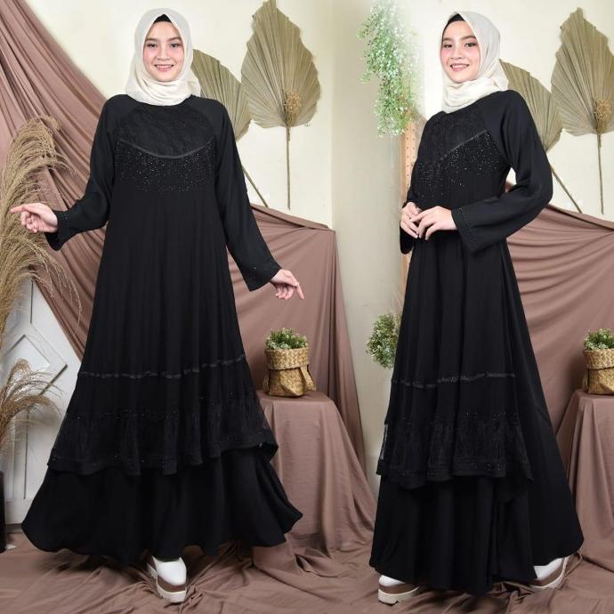 Gamis Arab Hitam/Abaya Arab Mewah Bahan Fursan Premium Motif Kotak 3