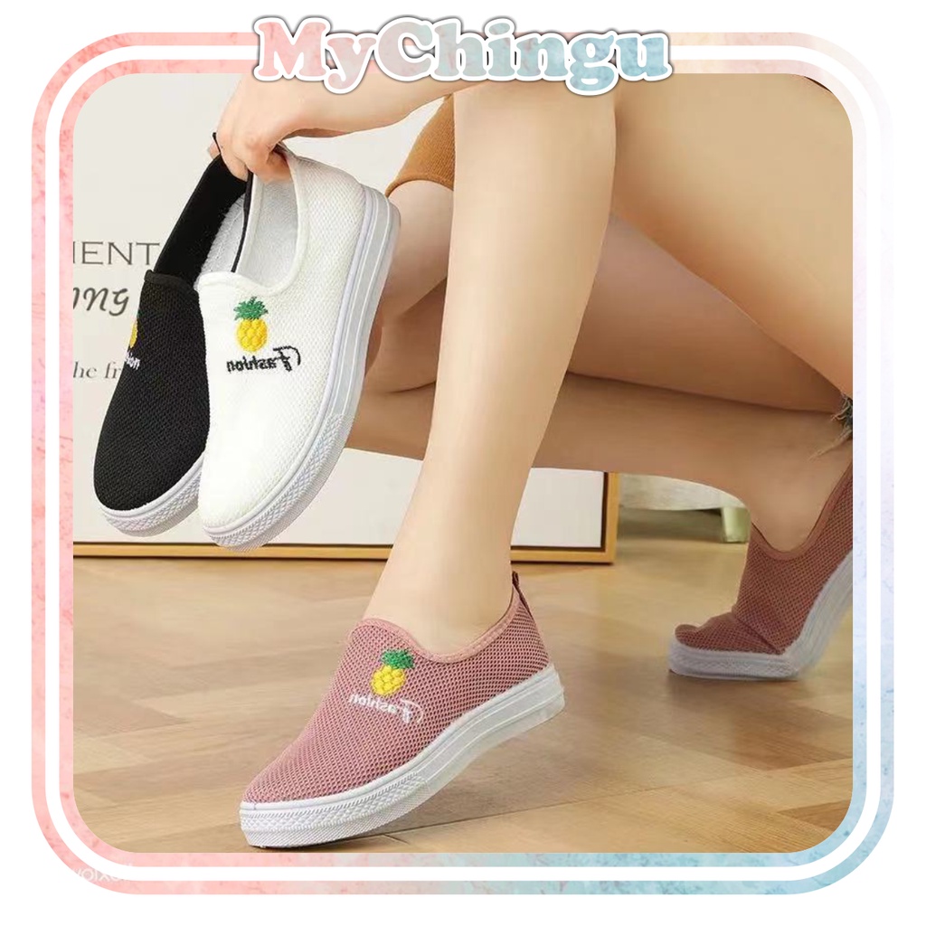 ❀ Chingu ❀ SEP023 (Tanpa Kotak) Sepatu Sneakers Nenas Nanas Tanpa Tali Fashion Wanita Casual Sport Santai Olahraga Import