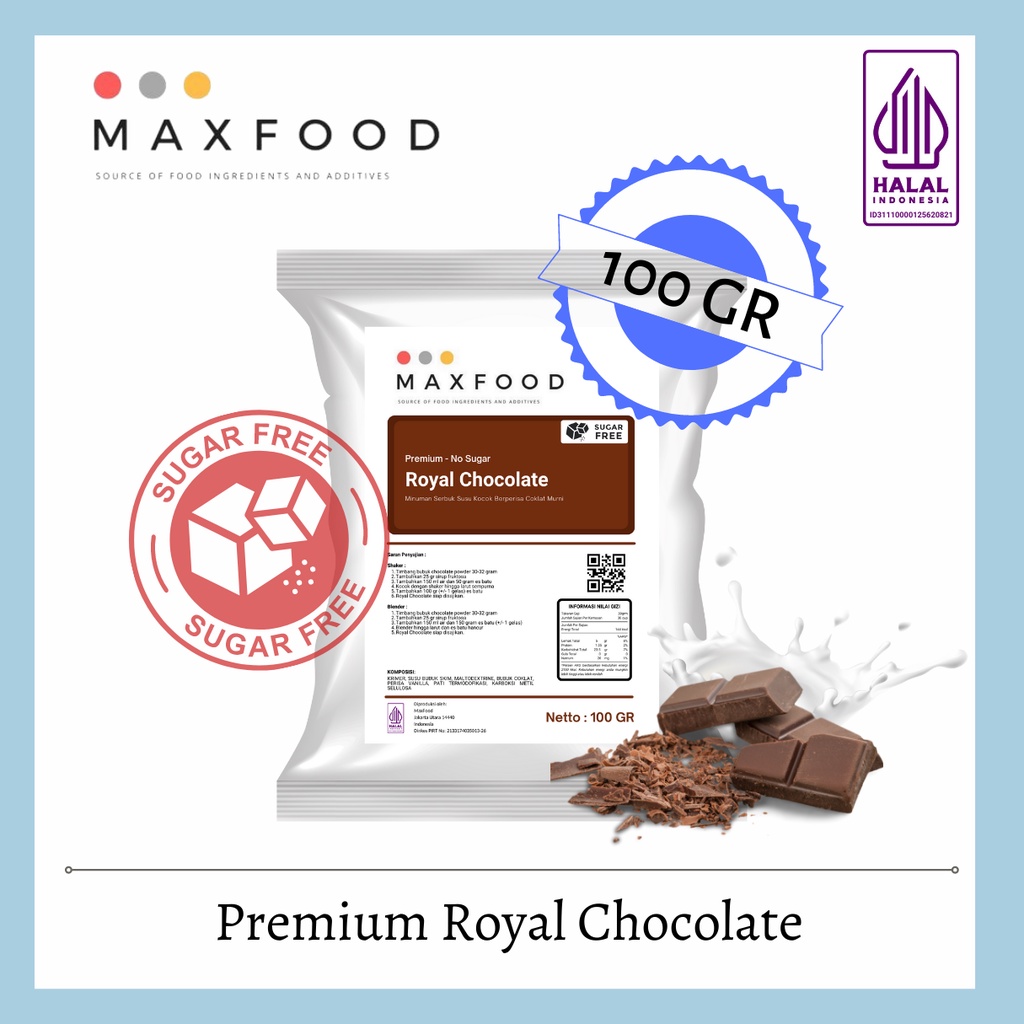 

MAXFOOD - No Sugar Bubuk Royal Chocolate / Bubuk Minuman Royal Choco Tanpa Gula 100 Gram