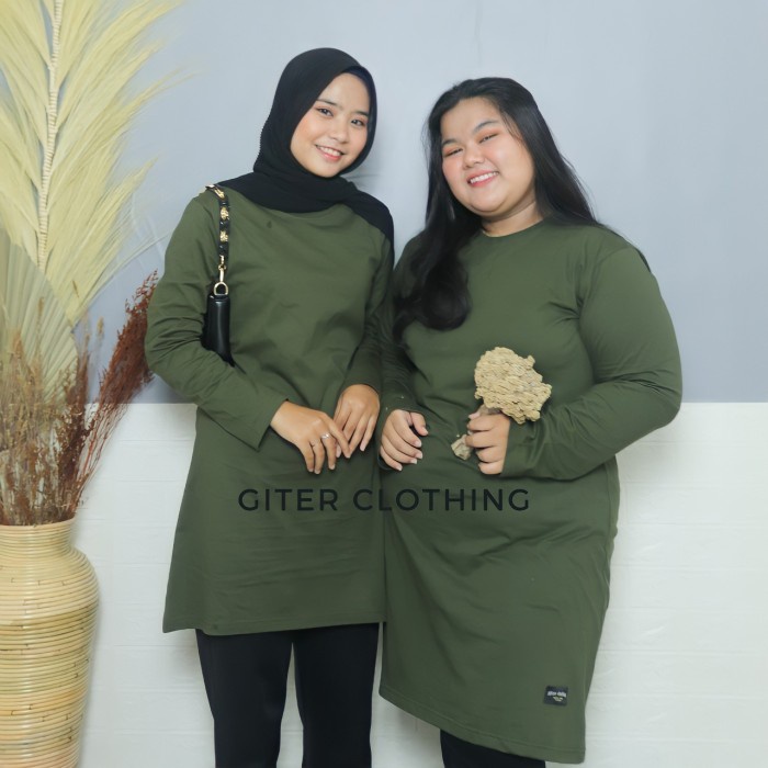 Jubah Wanita Muslimah Tunik Kaos Giter/Tunik Kaos Polos Muslimah Panjang , S M L XL XXL XXXL - ARMY,