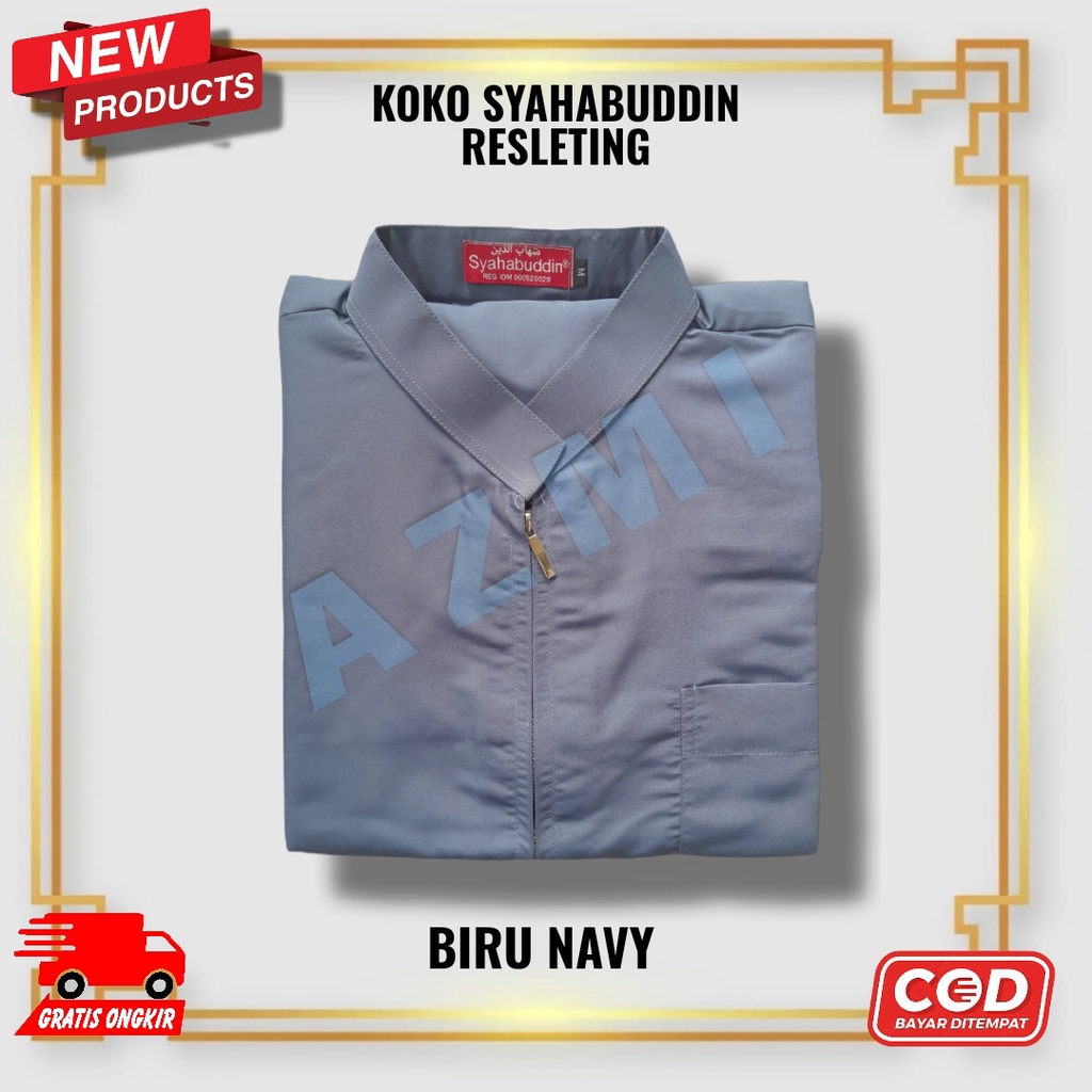 Baju Koko Syihabudin Resleting Biru Navy Kerah Yamani Syahabuddin Dewasa