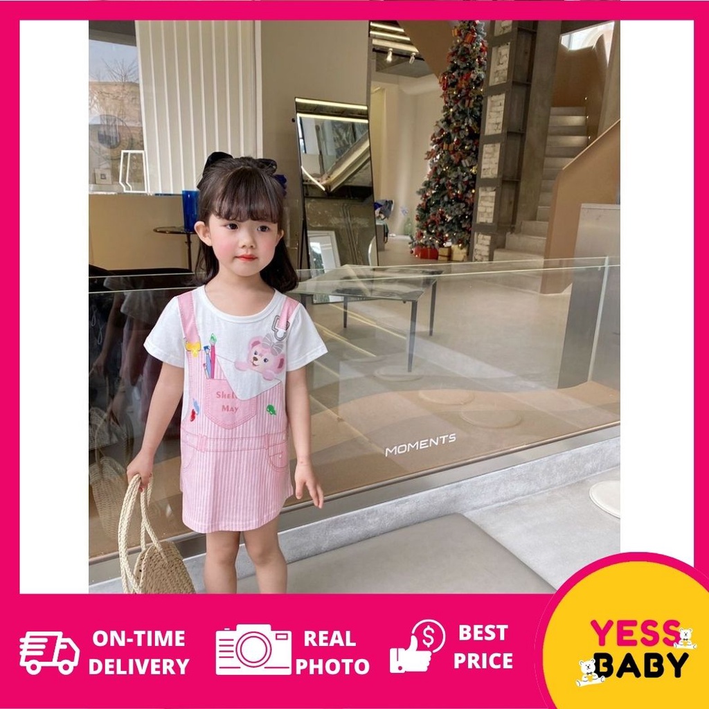 YESSBABY SWEET DUFFY 1-9tahun Gaun anak perempuan baru/versi Korea kartun rok denim dua potong palsu/rok kasual bayi perempuan/Dress baju anak cewek/baju anak perempuan 1tahun 2tahun 3tahun kado ulang tahun anak perempuan