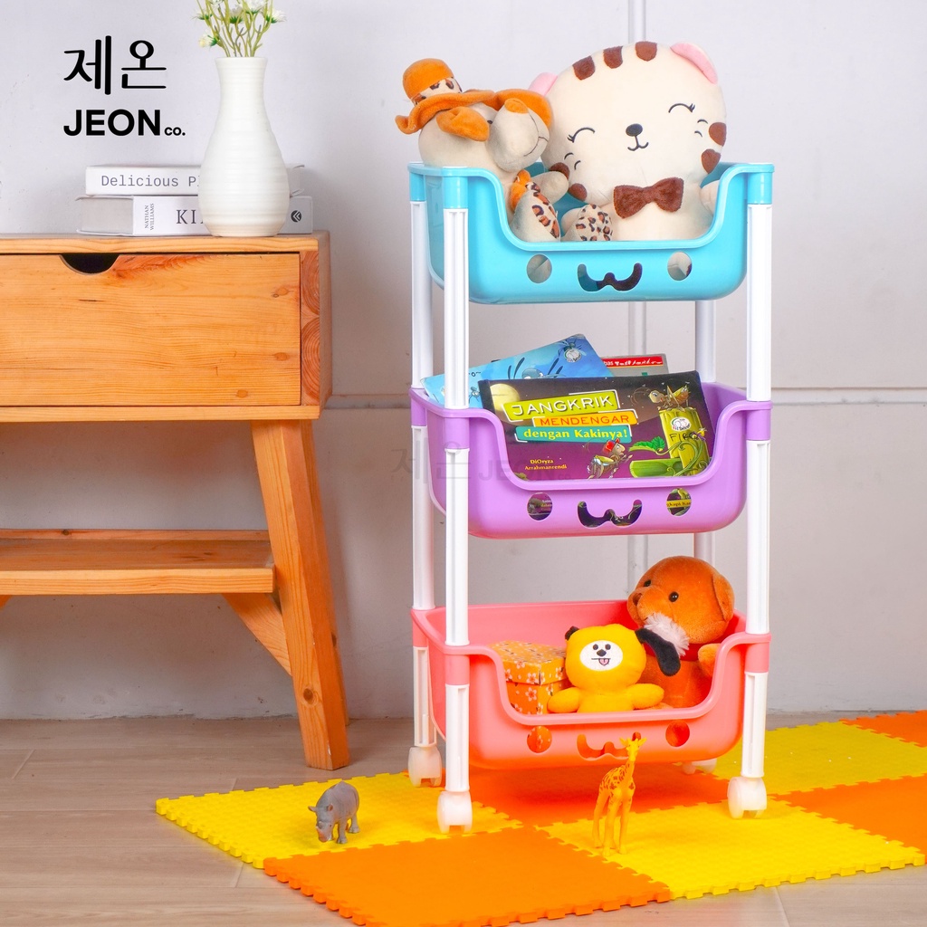 Rak Mainan Anak 3 Tingkat Karakter Peralatan Buku Sepatu Boneka kosmetik serbaguna Rack Susun Kamar Dapur Troley lucu