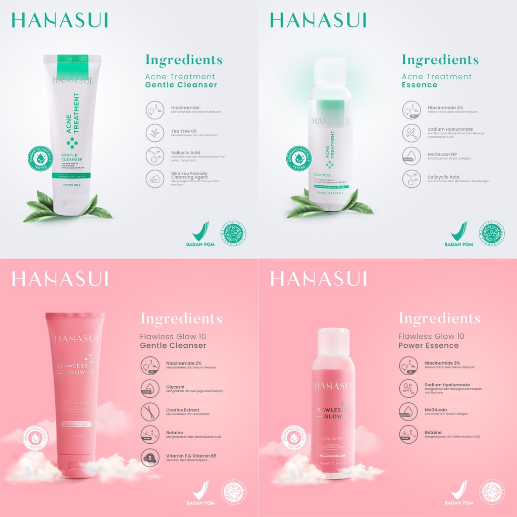 Hanasui Flawless Glow 10 | Acne Treatment Gentle Cleanser Essence Toner Day Night Cream Spot Gel Perawatan Kulit Wajah BPOM