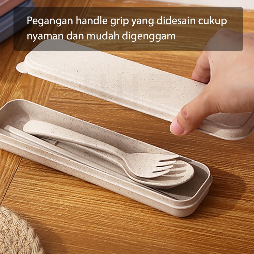 HUGO Sendok Set Alat Makan Portable Bahan Jerami Wheat Straw Sendok Garpu Sumpit dan Box