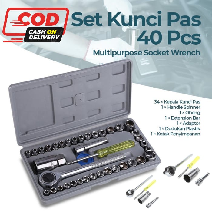 Kunci Pas 40 Pcs Multipurpose Combination Socket Wrench Set with 1/4 Ratchet Handle - konci sok box lengkap - Alat Perkakas