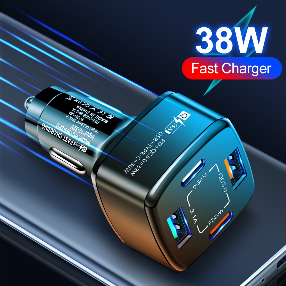 Charger Mobil 38W PD+QC3.0 Fast Charging 18W 4port Adaptor PD Dual USB Type-C Di Mobil Untuk i-Phone Android Type C