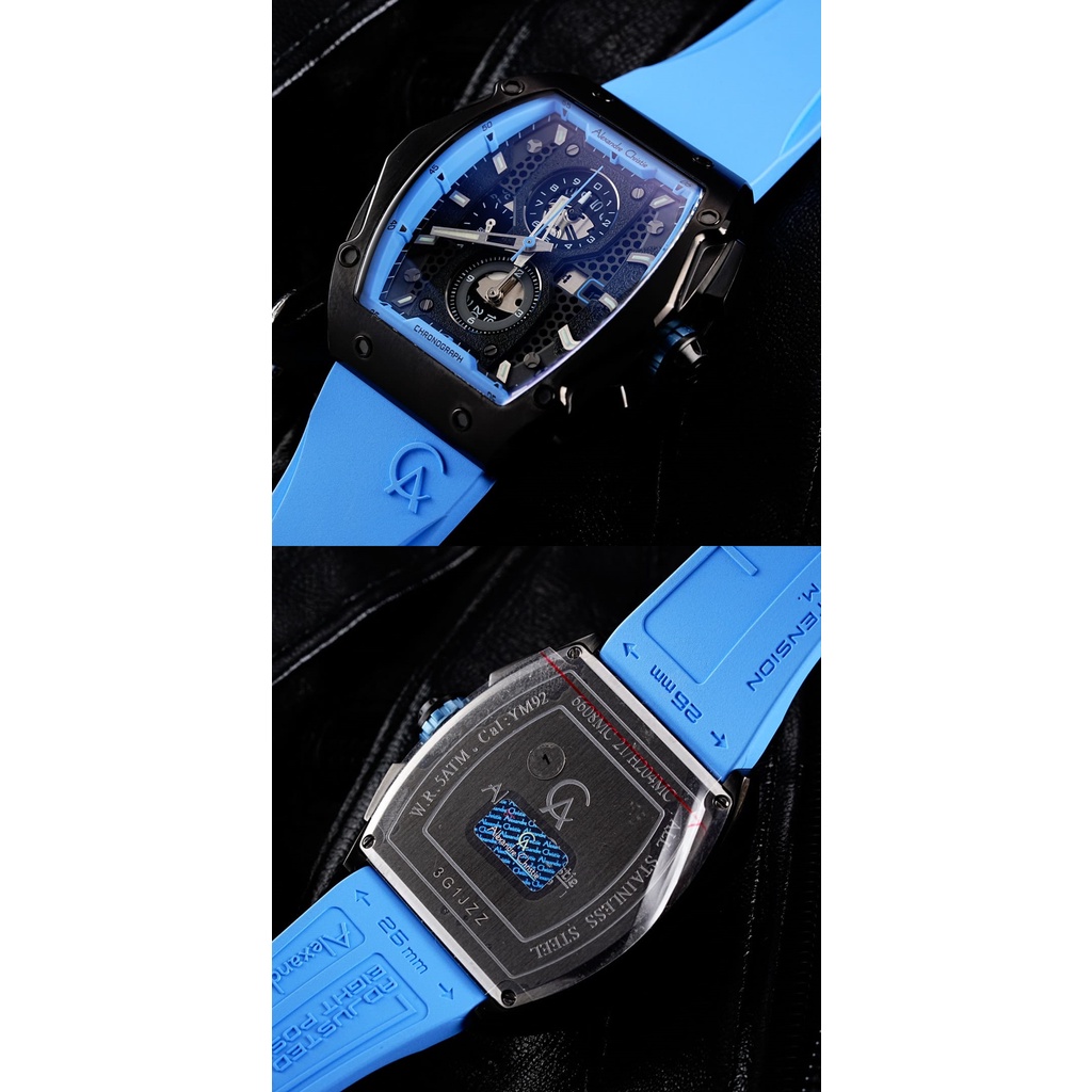 Jam Tangan Pria Alexandre Christie Ac 6608 Chronograph Black Sky Blue Rubber Original