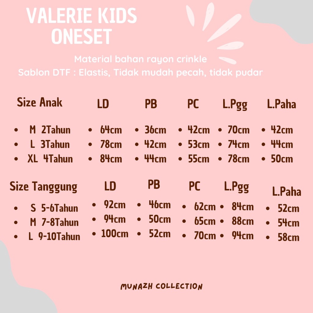 VALERIE KIDS ONESET  Anak dan Tanggung Usia 2 - 10 Tahun