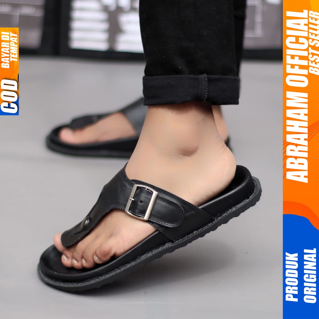 Sandal Slide Casual Pria Kulit Asli Sendal Selop Pria Hitam Abraham Valkry