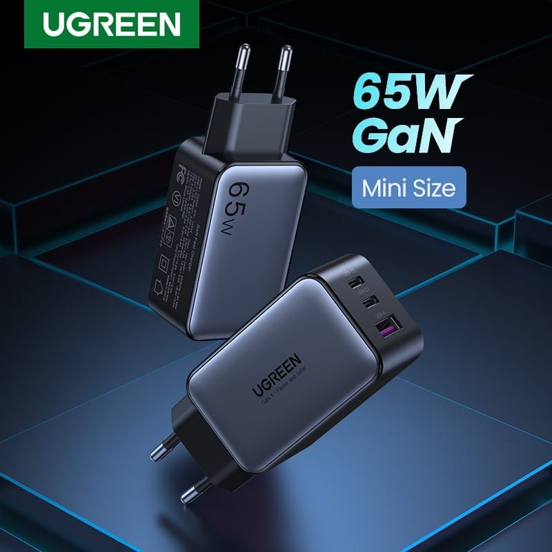 Adaptor Charger UGREEN 65w GaN Fast charger with 3 Ports Black 10335