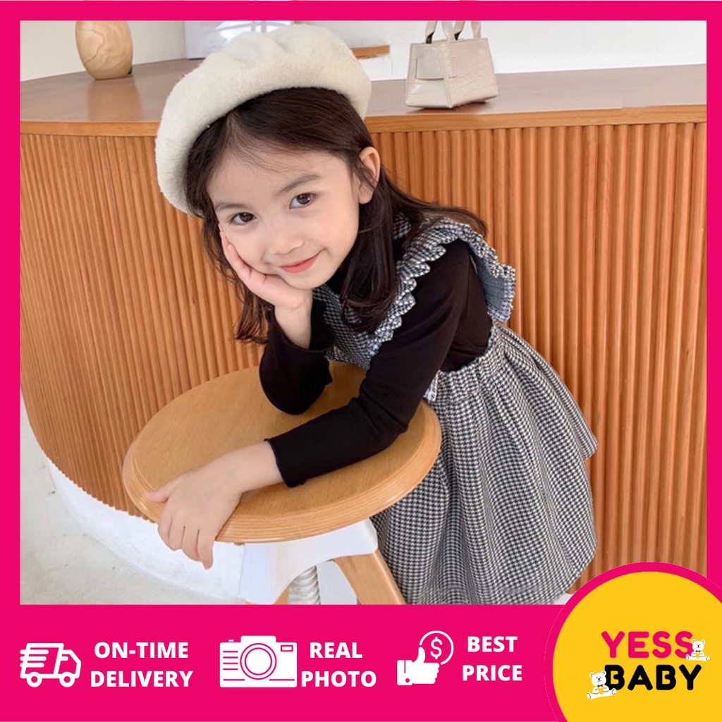 YESSBABY 0-7tahun SEO JISOO Dress anak perempuan/Gaun bayi/Rok anak/Dress pesta lucu untuk anak/bayi cewek motif kotak kaos gaun pesta anak perempuan import black white