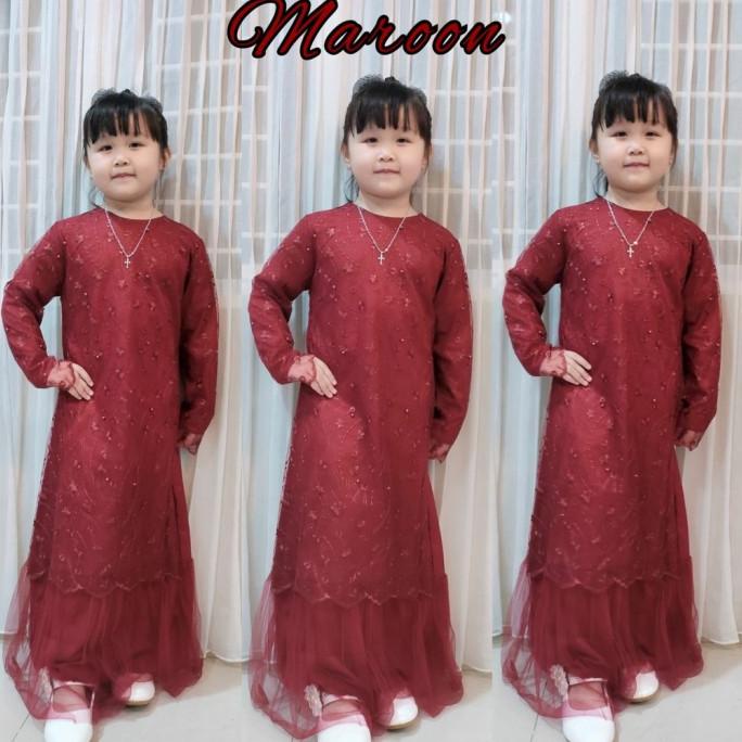 MURAH Gamis Brukat Brokat Anak Perempuan Polos GERALDA Warna MERAH MAROON