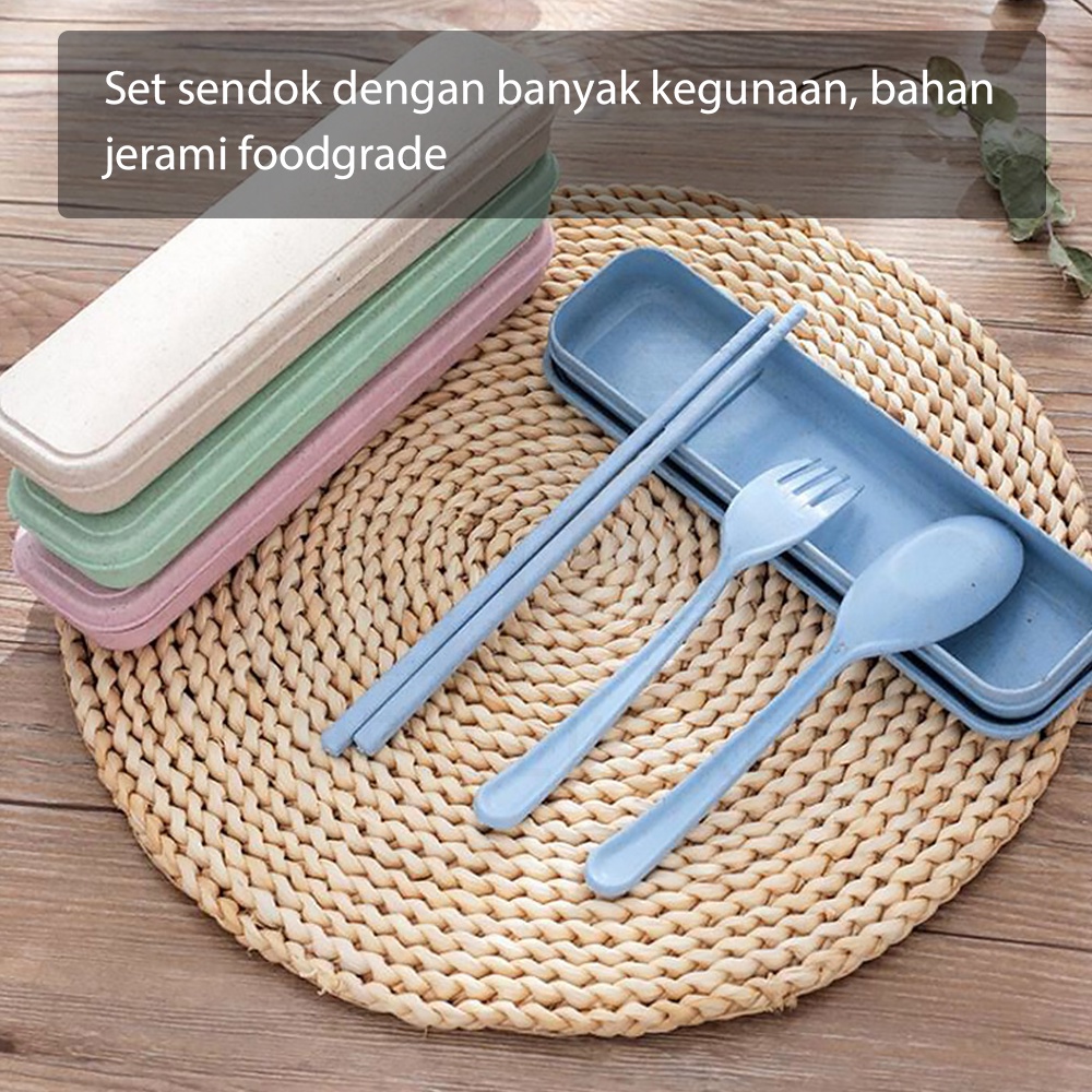 HUGO Sendok Set Alat Makan Portable Bahan Jerami Wheat Straw Sendok Garpu Sumpit dan Box