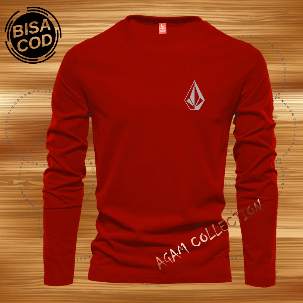Agam Collection Baju Kaos Distro Volc Logo Text Silver Lengan Panjang Premium Quality Kaos Pria Keren Kaos Cewek/Cowok