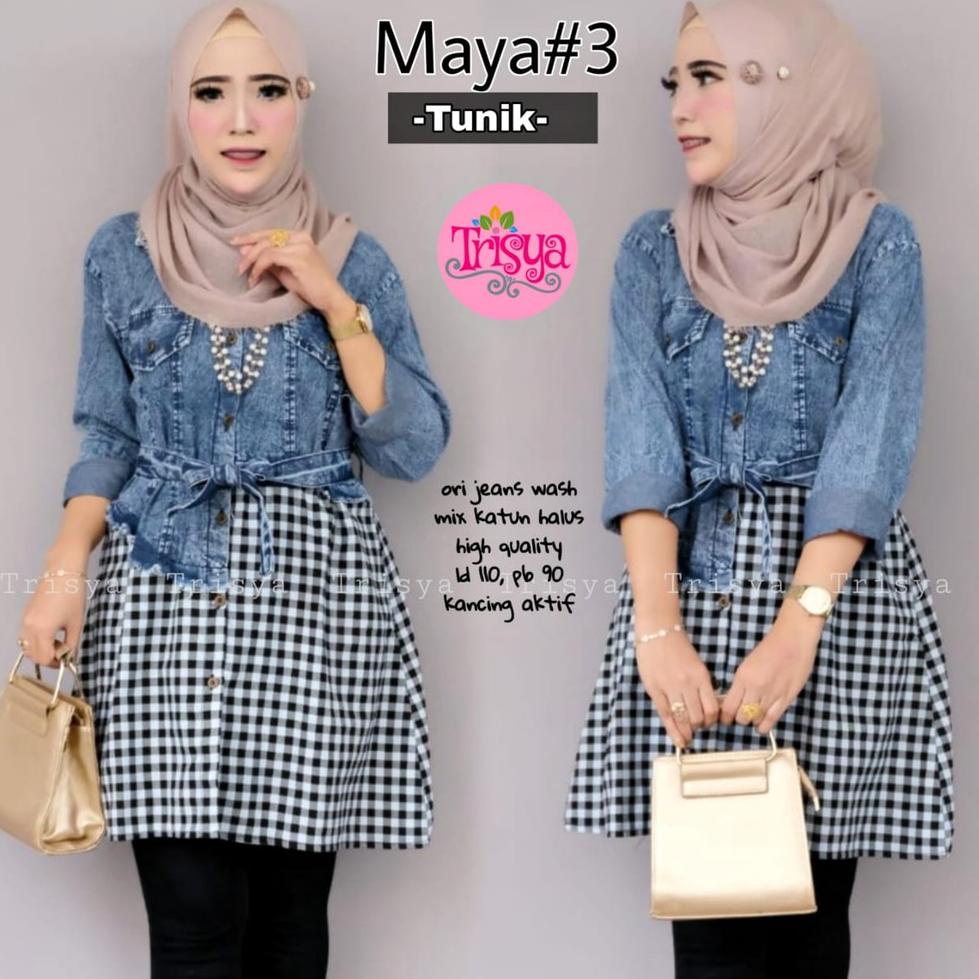 SALE TERBATAS MELDY TOP MAYA TUNIK JEANS MIX SALUR KOTAK BR