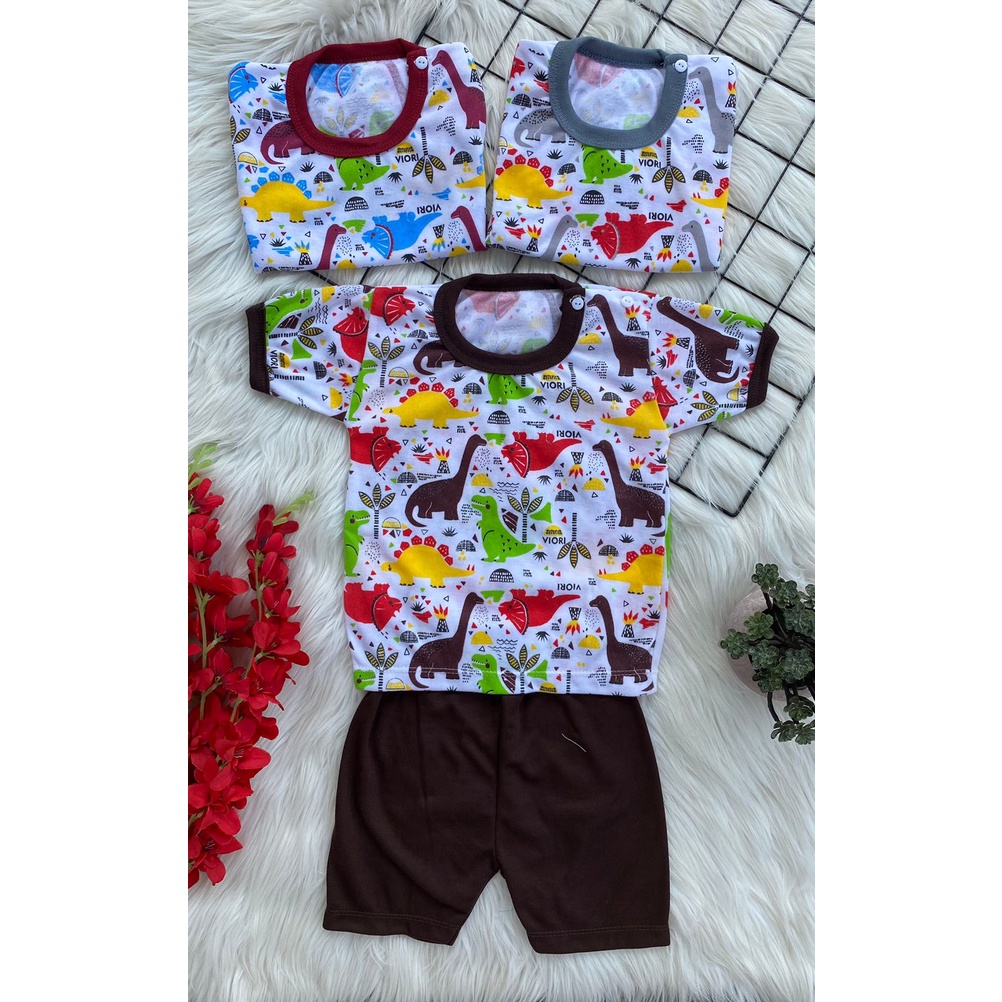 setelan baju anak bayi laki - laki perempuan lucu murah motif DINO LAND pendek 3-18 bulan