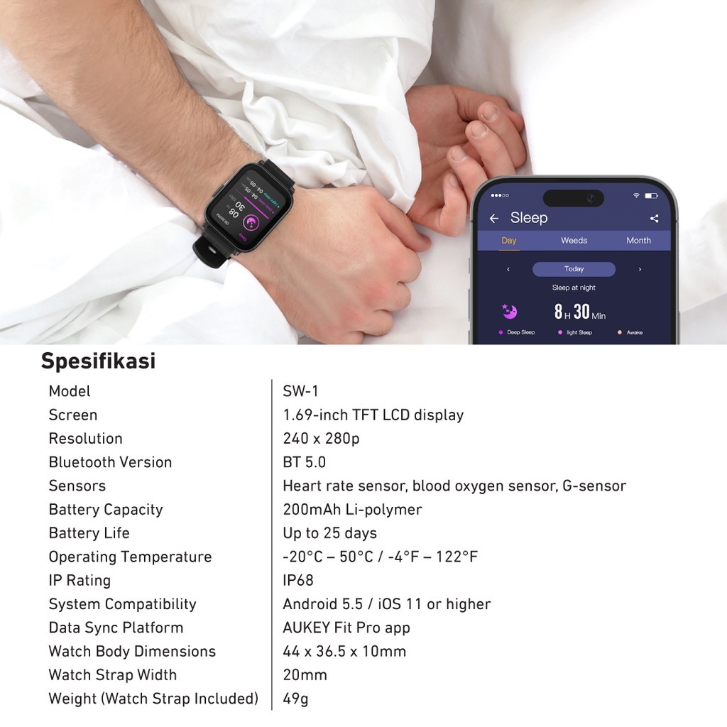 AUKEY SW-1 - Smartwatch Fitness Tracker Waterproof Heart Rate Sensor - Jam Tangan Pintar dengan Pengukur Detak Jantung dan Kadar Oksigen dalam Darah