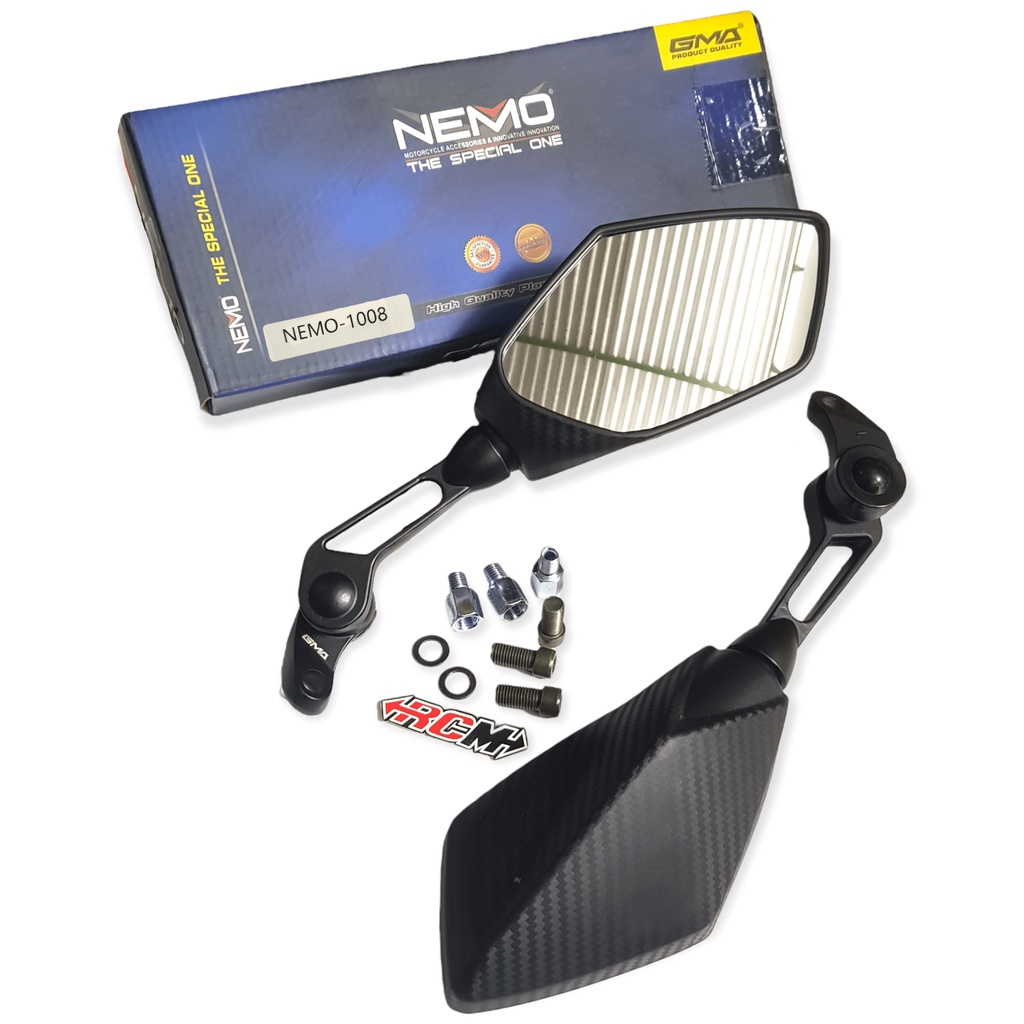 SEPASANG KANAN KIRI MIRROR MIROR SPION KACA SEPION PREMIUM DUCATI NEMO MAXI 1008 ALLOY MOTIF CARBON HITAM BLACK UNIVERSAL UK JUMBO PANDANGAN LUAS PCX NMAX N-MAX N MAX VARIO AEROX DLL ORI ORIGINAL GMA ASLI