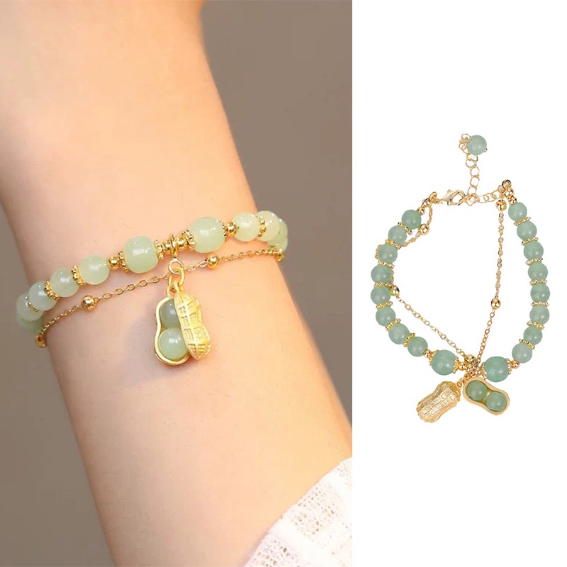 【KD】Gelang Liontin Kacang Rantai Ganda Manik-Manik Giok Hetian Alami, Keberuntungan Perhiasan Hadiah Untuk Wanita
