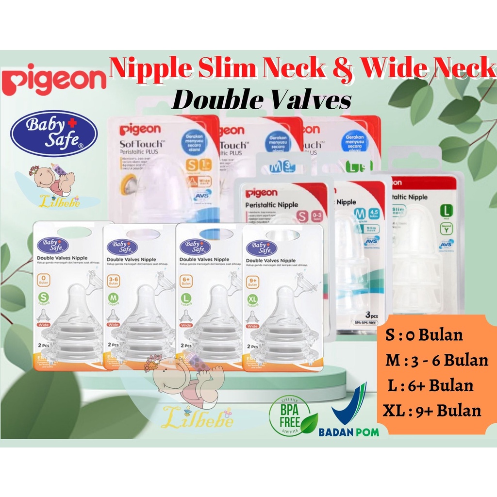 DOT Pigeon Babysafe Soft Touch Peristaltic PLUS PP Wide Neck Wideneck / Slim Neck Nipple Blister isi 3 S M L / Baby Safe Double Velves Silicon Nipple Isi 2 - Pengganti Dot Bayi