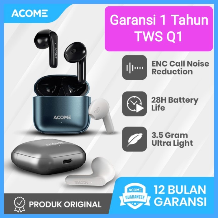 Terlaris Acome Q1 Headset Earphone Bluetooth 5.3 Enc Call Noise Reduction Tws