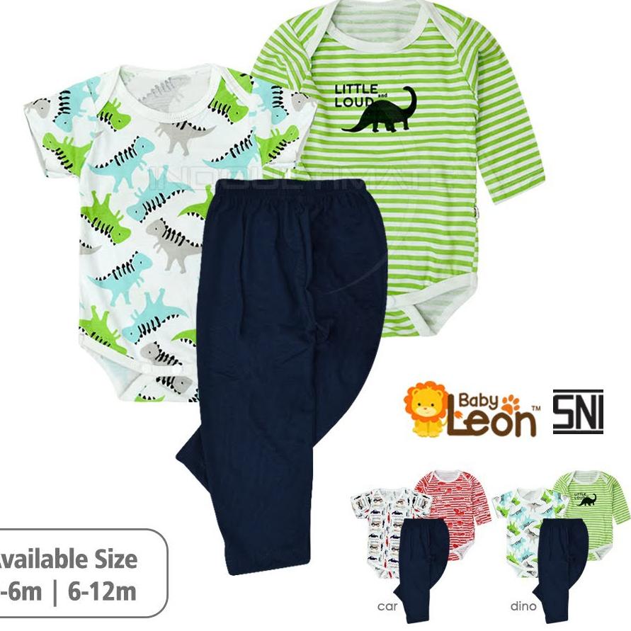 ❅ 0-12m BABY LEON Set 3in1 Baju Jumper pendek panjang celana Bayi Bayi SET-SK02 Katun Single Knit ba
