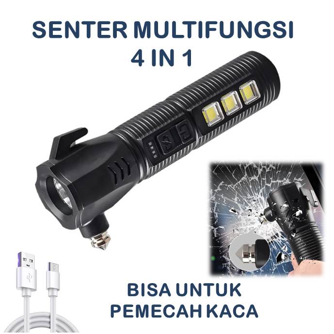 HS-345 Lampu Senter LED Pemecah Kaca 4 in 1 Multifungsi USB Rechargeable