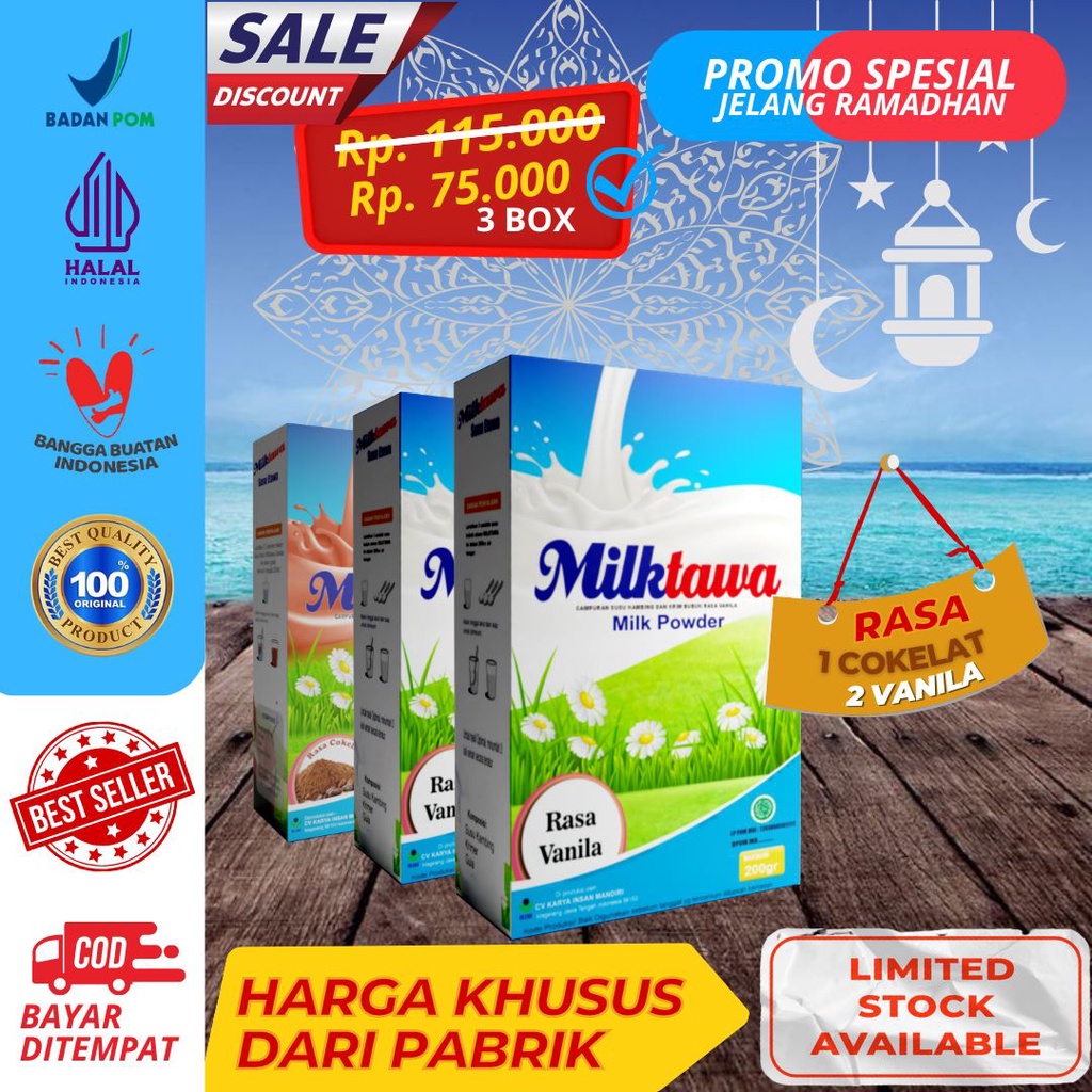 

Paket Hadiah Promo Spesial Ramadhan Bundling Susu Kambing Milktawa 2 pcs Rasa Vanila dan 1 pcs Rasa Coklat Kemasan Curah