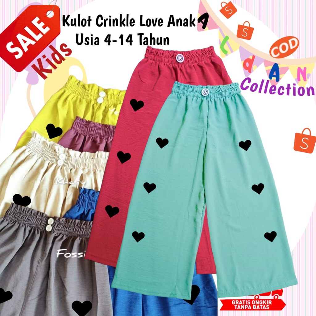 Kulot Crinkle Love Anak Perempuan Usia 4-14 Tahun / Kulot Crinkle Anak / Celana Crinkle Anak / Kulot Anak Perempuan / Celana Anak Perempuan