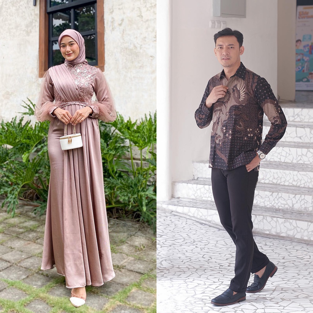 (NEW ARRIVAL) COUPLE DRESS MELODY NUDE SERIES | Gamis Brukat Maxi Wanita Tulle Mutiara | Dress Casual Kondangan Simple Terbaru | Couple Pasangan Batik Lebaran Lamaran Kondangan | Gamis Brokat Tulle Mix Velvet Payet