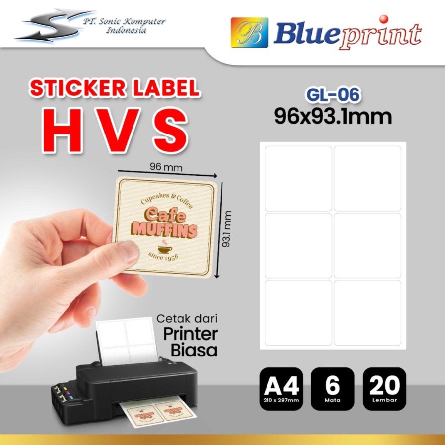 Kertas Stiker Label HVS A4 BLUEPRINT GL06 96x93.1 mm 20 Lembar 6 Mata