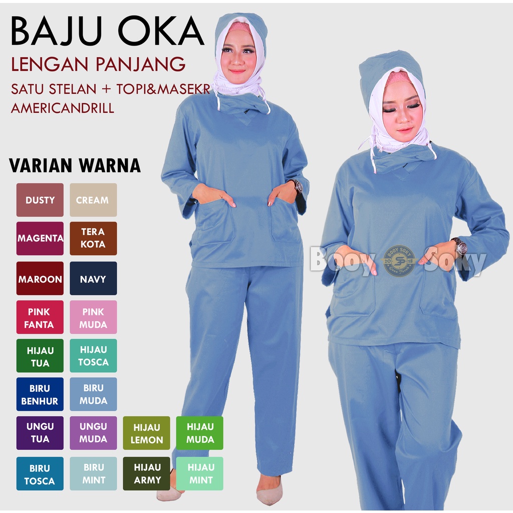 BAJU OKA / SERAGAM OKA MEDIS / BAJU OPERASI / BAJU PERAWAT LENGAN PANJANG BIRU MUDA &amp; BIRU TOSCA