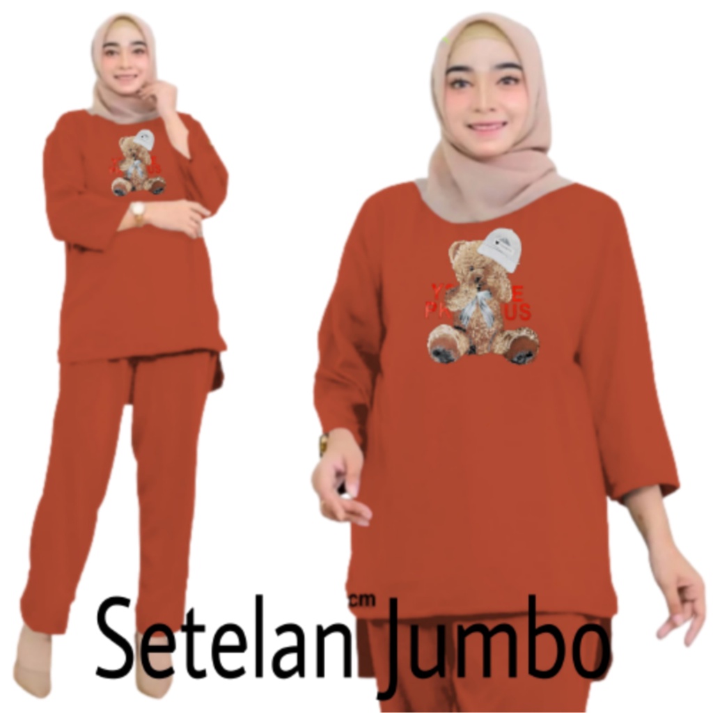 Setelan Kaos Wanita Dewasa Oversize Ld 130 cm Terbaru 2023 Viral Gambar DTF Bahan Kaos Babyterry Tangan 3/4 dan Celana Panjang One Set Wanita Dewasa Jumbo Kekinian Atasan Baju Wanita Dewasa Big Size Stelan Baju Wanita Santai Cewek Beruang Topi