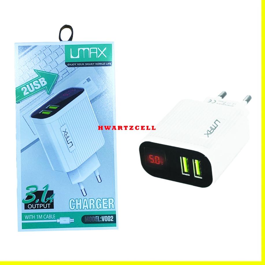 TC TRAVEL CHARGER UMAX V002 2USB DIGITAL LCD LED INDIKATOR FAST CHARGING QC3.0 3,1A FREE KABEL MICRO